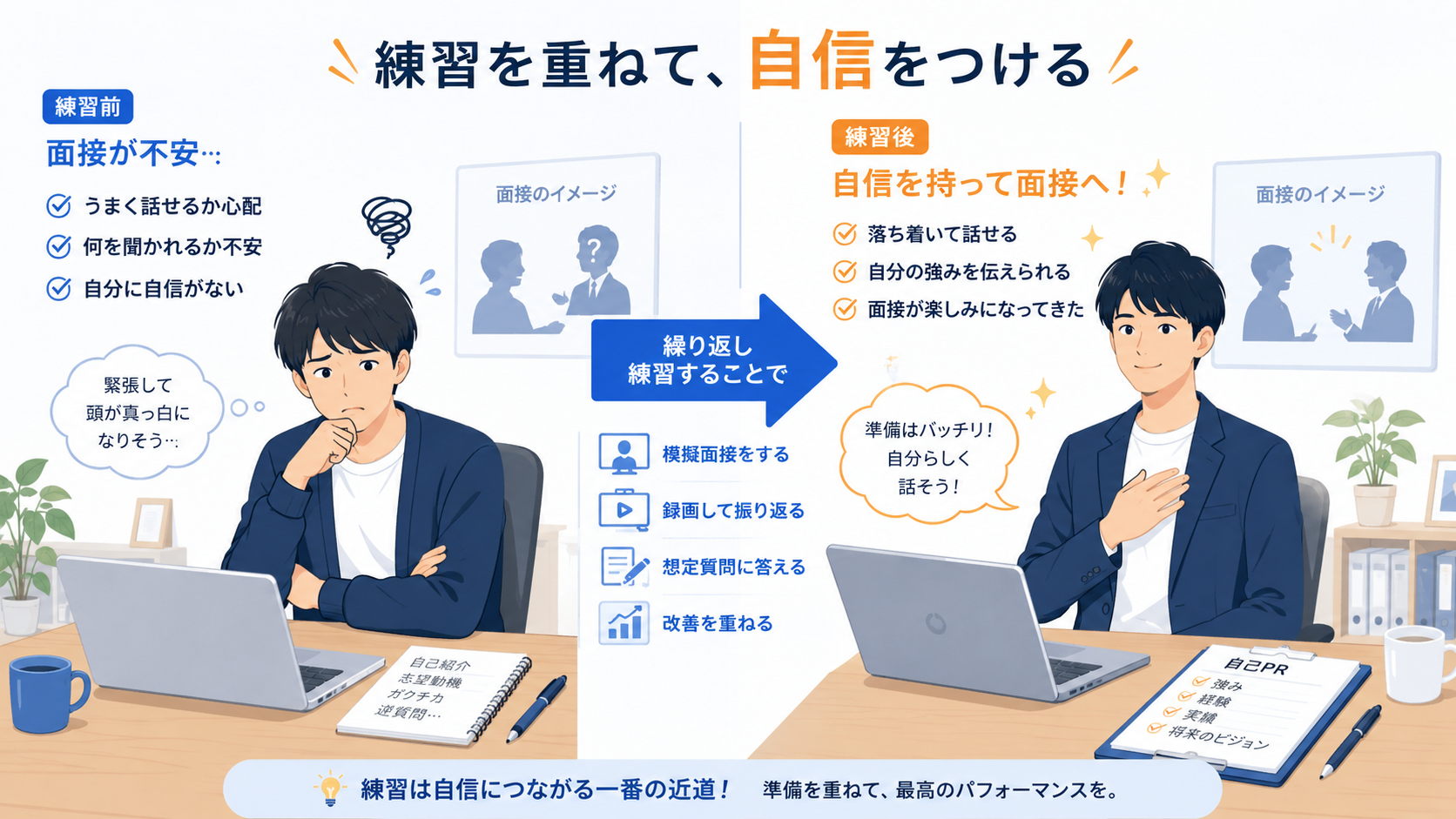 面接練習を繰り返すことで自信をつけていくエンジニアのイメージ。模擬面接と本番面接の関係を示すフロー図
